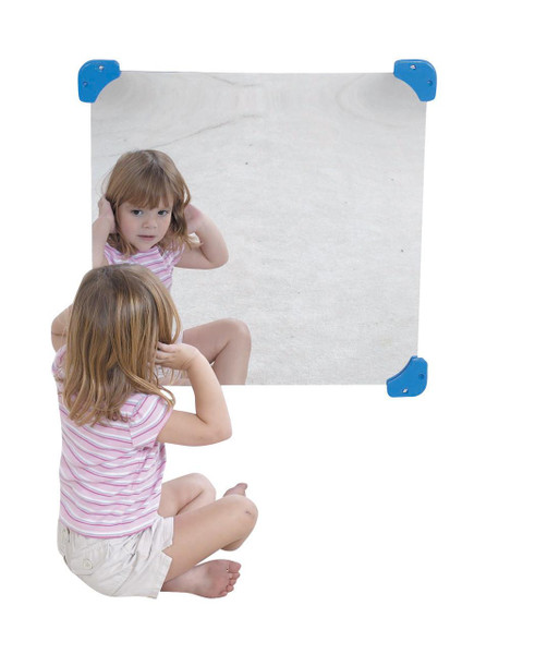 Children's Factory Children's Wall Mirror 30in Square, square wall mirror with blue corner protectors showing two young girls looking at their reflection.